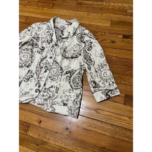 Chico's Womens Jacket Sz 2 (US 12) Gray Stretch Cotton 3/4 Sleeve Pockets Twill - Picture 2 of 7